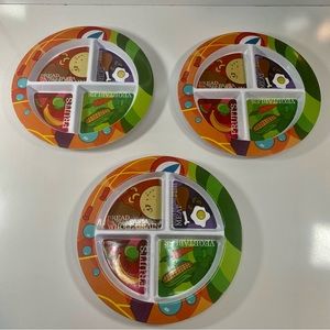 Four Main Food Groups divided hard plastic melamine plates.